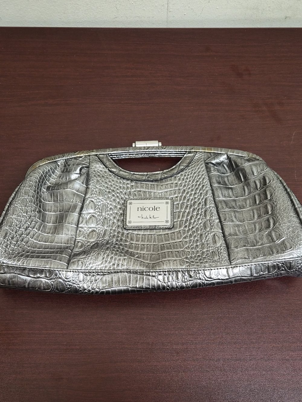 Nicole by Nicole Miller Metallic Silver Croc-Embossed Frame Clutch